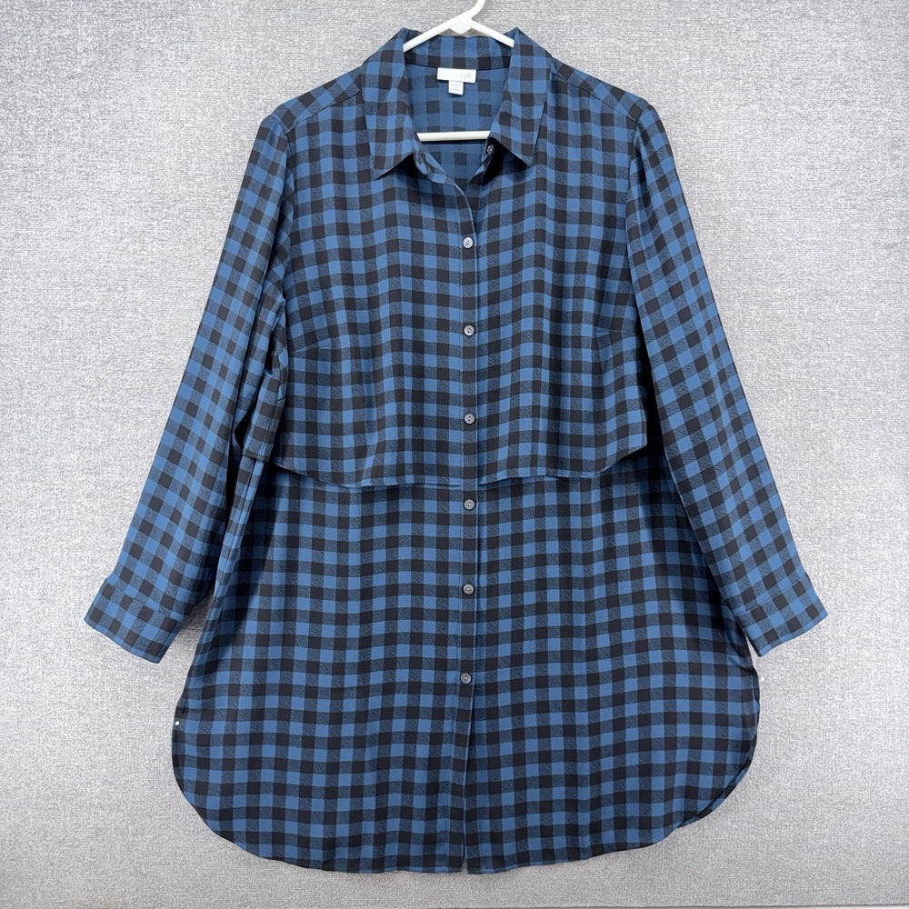 J Jill Tunic Top Women Size 1X Blue Plaid Long Sleeve Button Down Shirt Cottage